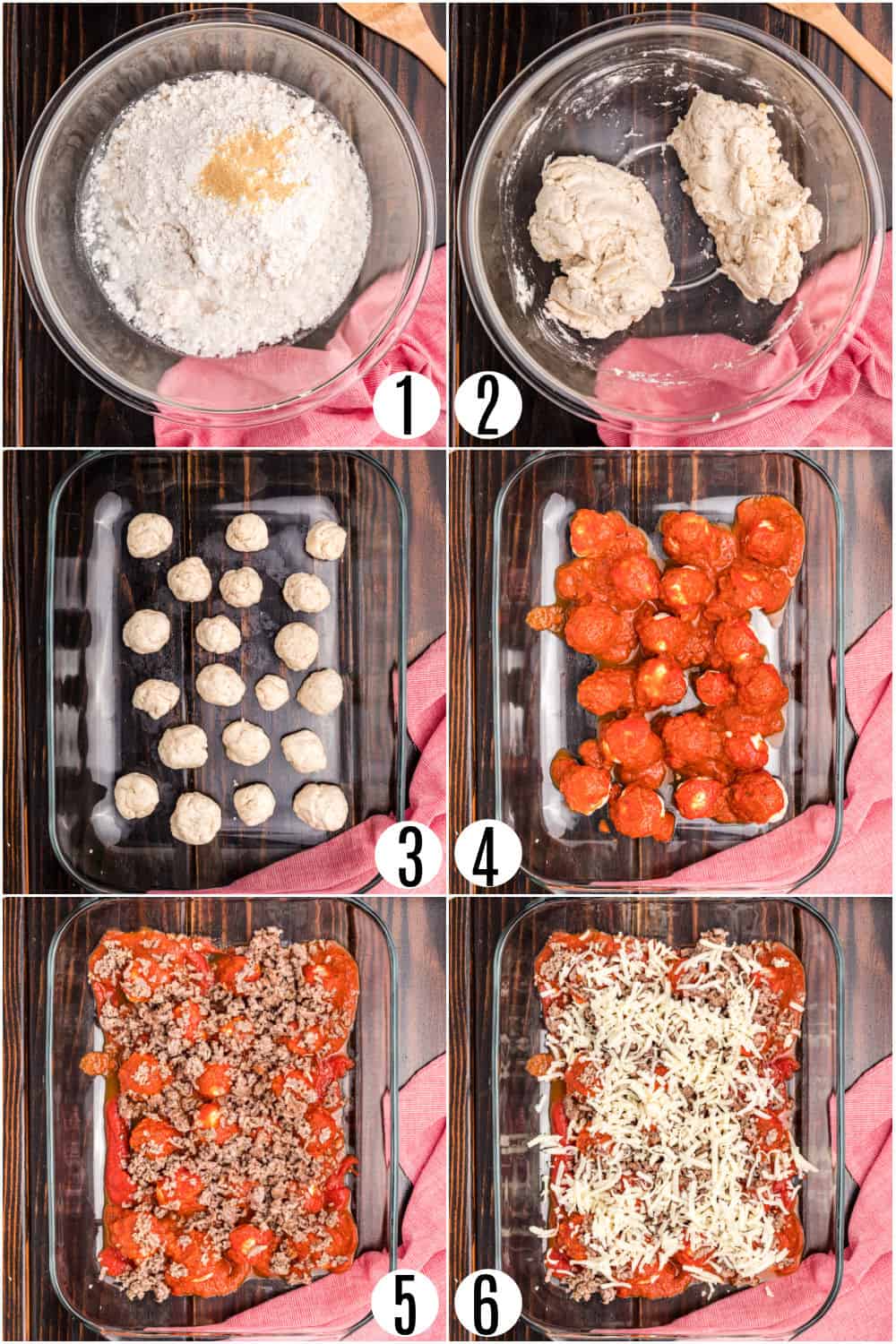 Step by step photos showing how to make bubble up pizza casserole.