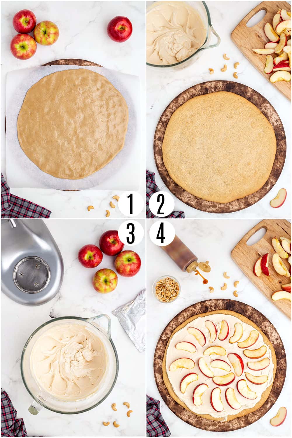 Step by step photos showing how to make caramel apple sugar cookie pizza.