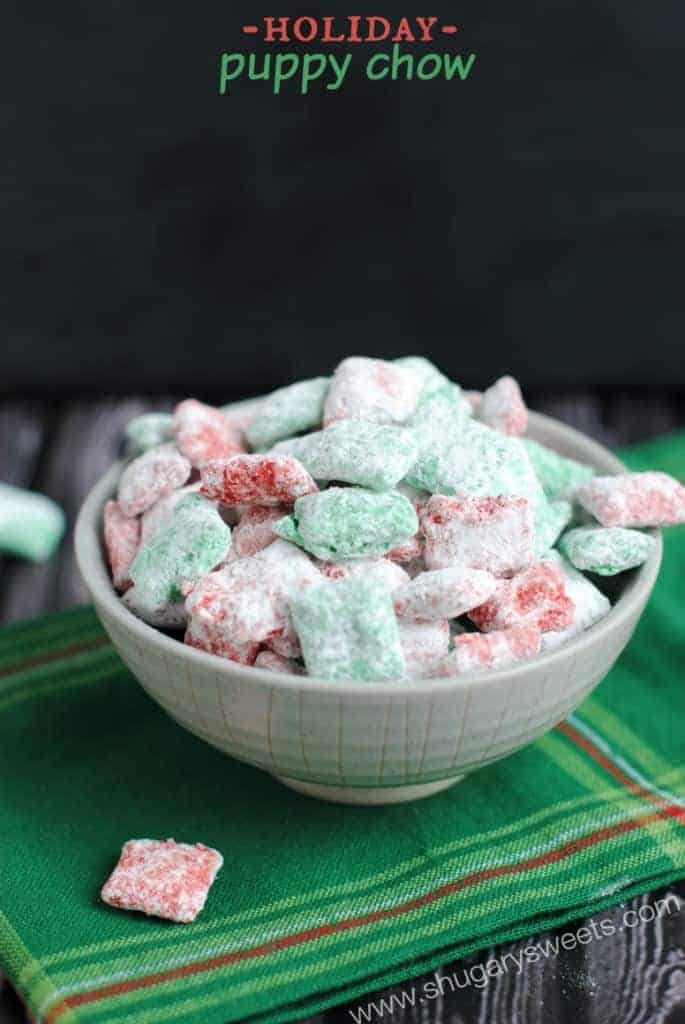 Holiday Puppy Chow: festive red and green muddy buddies for Christmas! Get snacking!