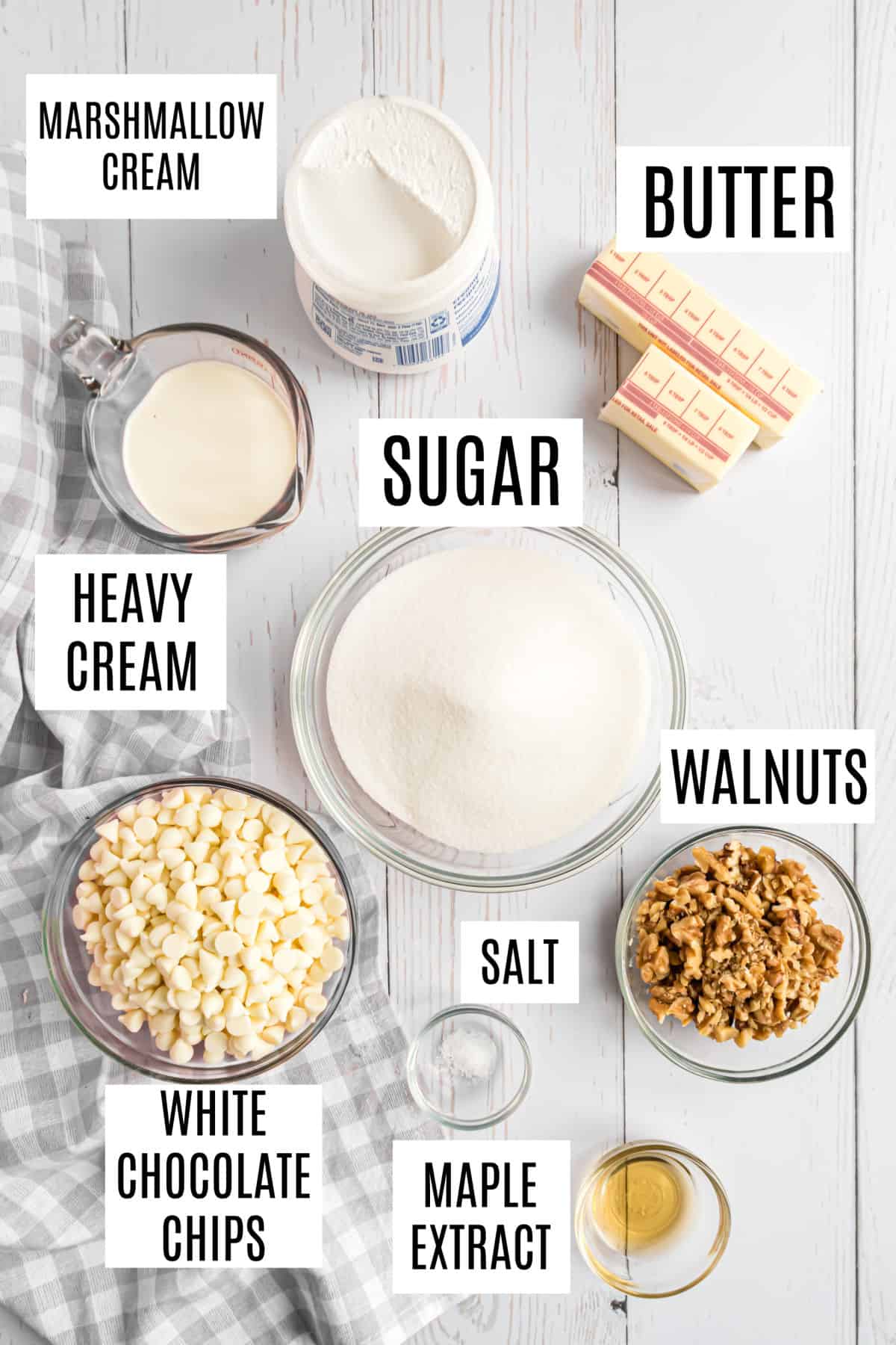 Ingredients needed to make maple walnut fudge.