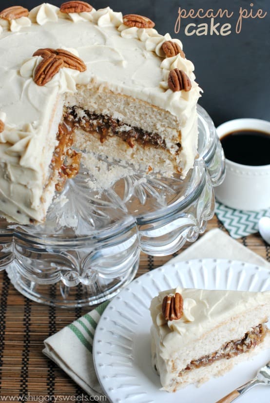 Pecan Pie Cake: double layer spice cake, from scratch, with a pecan pie filling and brown sugar frosting! This is a must have dessert!!! #thinkfisher