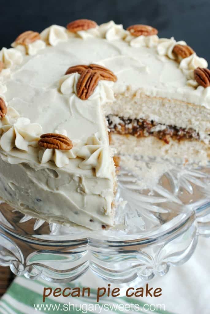 Pecan Pie Cake: double layer spice cake, from scratch, with a pecan pie filling and brown sugar frosting! This is a must have dessert!!! #thinkfisher