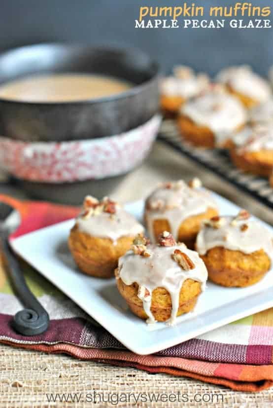 Mini Pumpkin Muffins with a sweet Maple Pecan Glaze. Delicious recipe with a freezer option too!