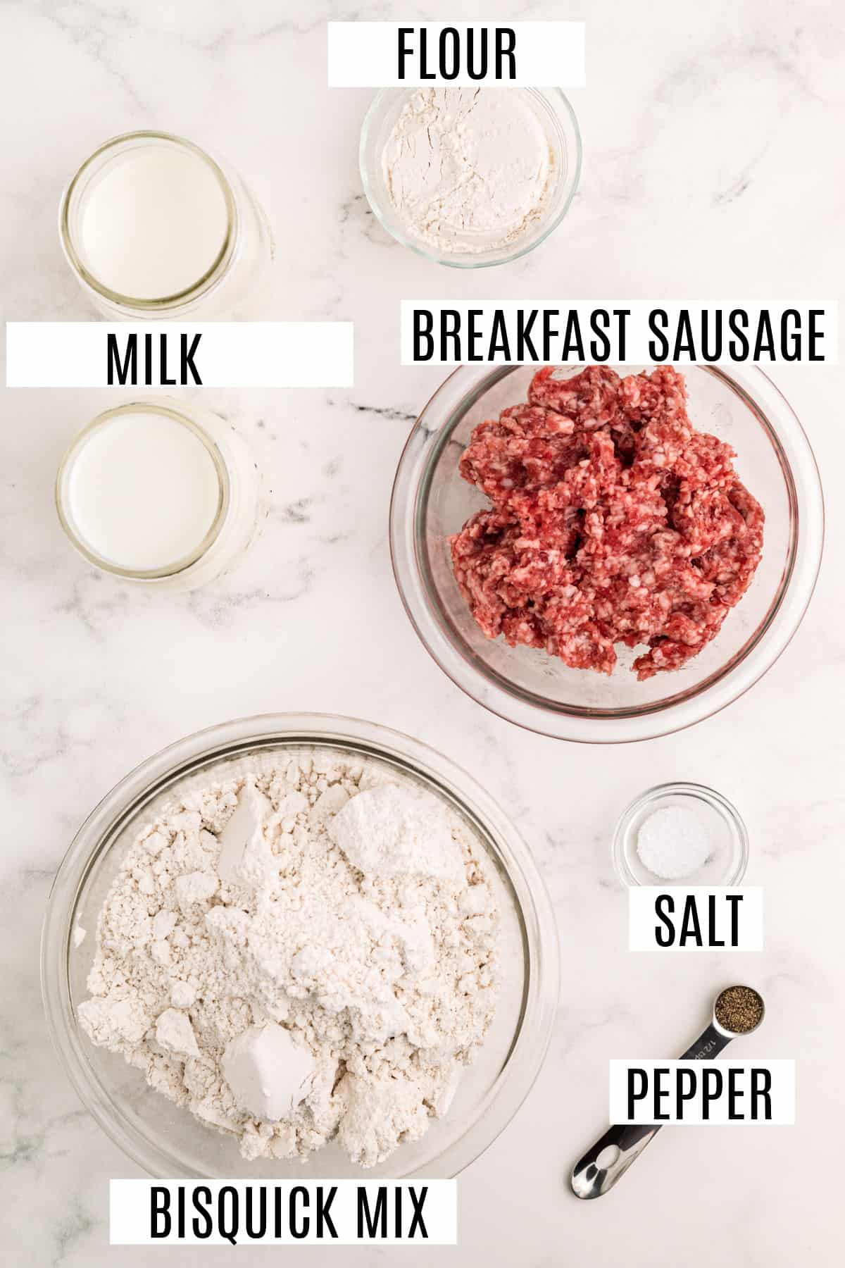 Ingredients needed for sausage and gravy casserole recipe.