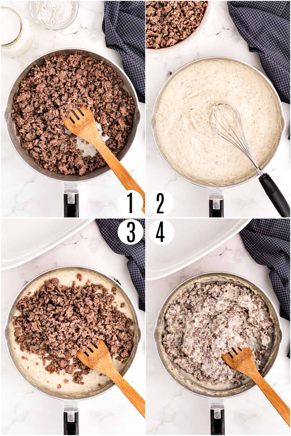 Step by step photos showing how to make sausage gravy.