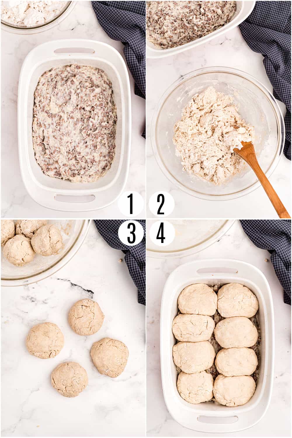 Step by step photos showing how to make biscuits for sausage and gravy casserole.