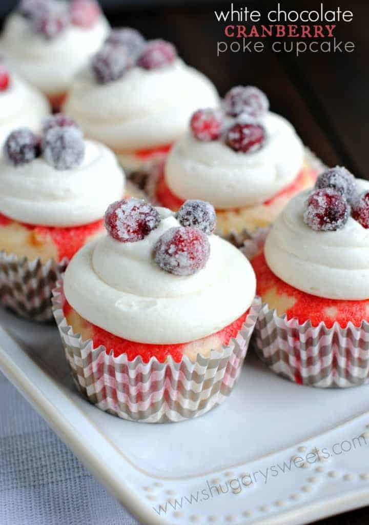 White Chocolate Cranberry Poke Cupcakes with sugared cranberries: this is a must have recipe for the holidays!