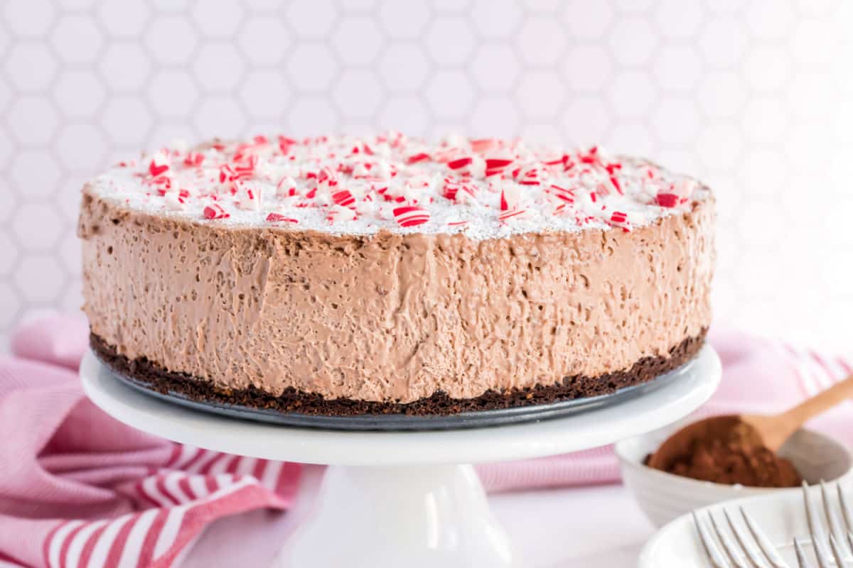 Chocolate hazelnut mousse pie with peppermints.