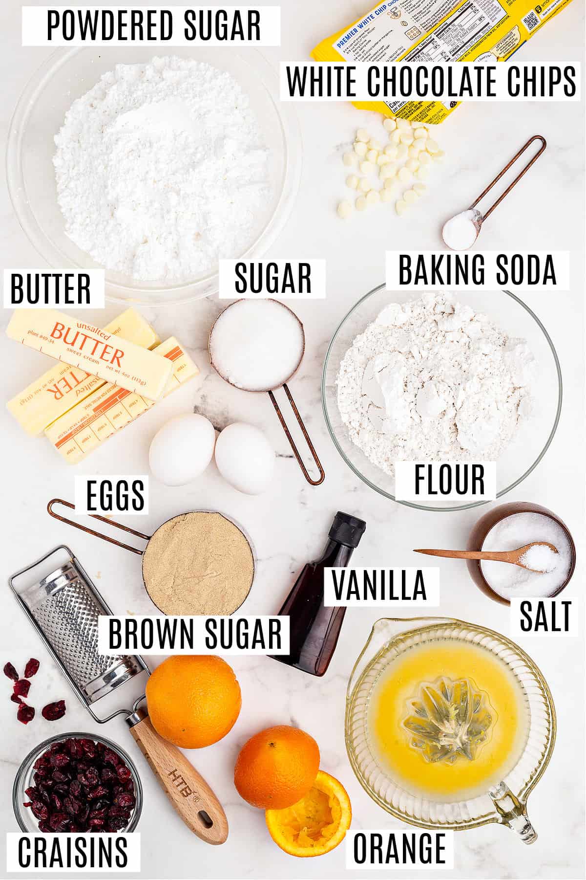 Ingredients needed for cranberry orange cookie bars.