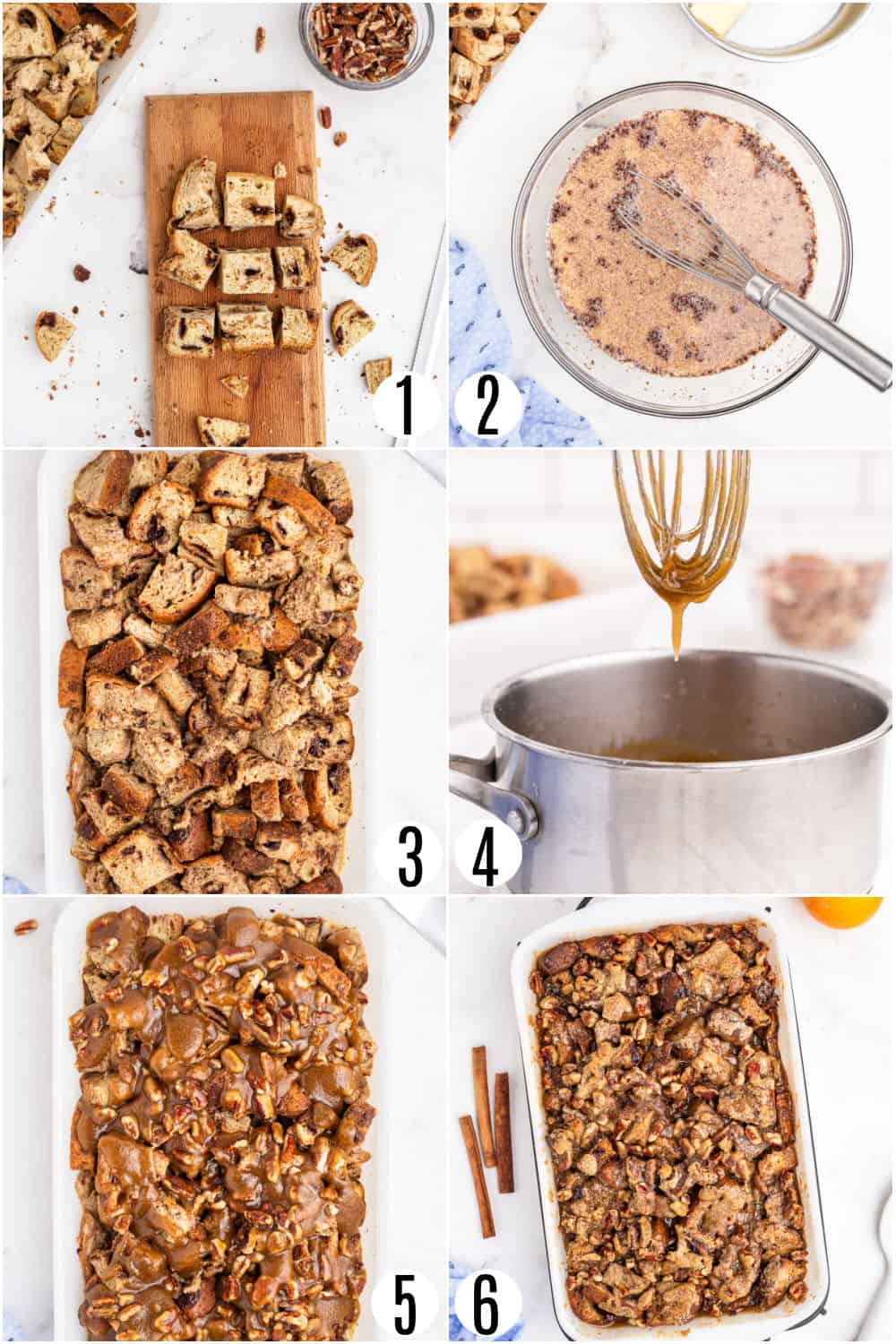 Step by step photos showing how to make overnight french toast casserole.