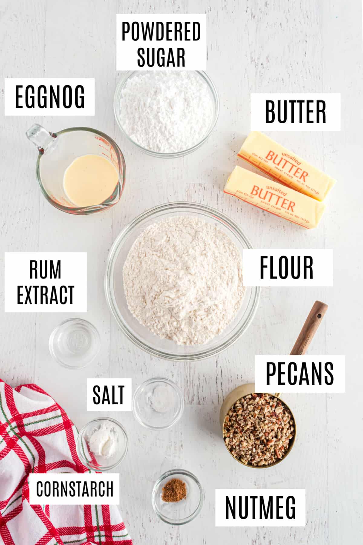 Ingredients needed to make pecan sandies with eggnog!