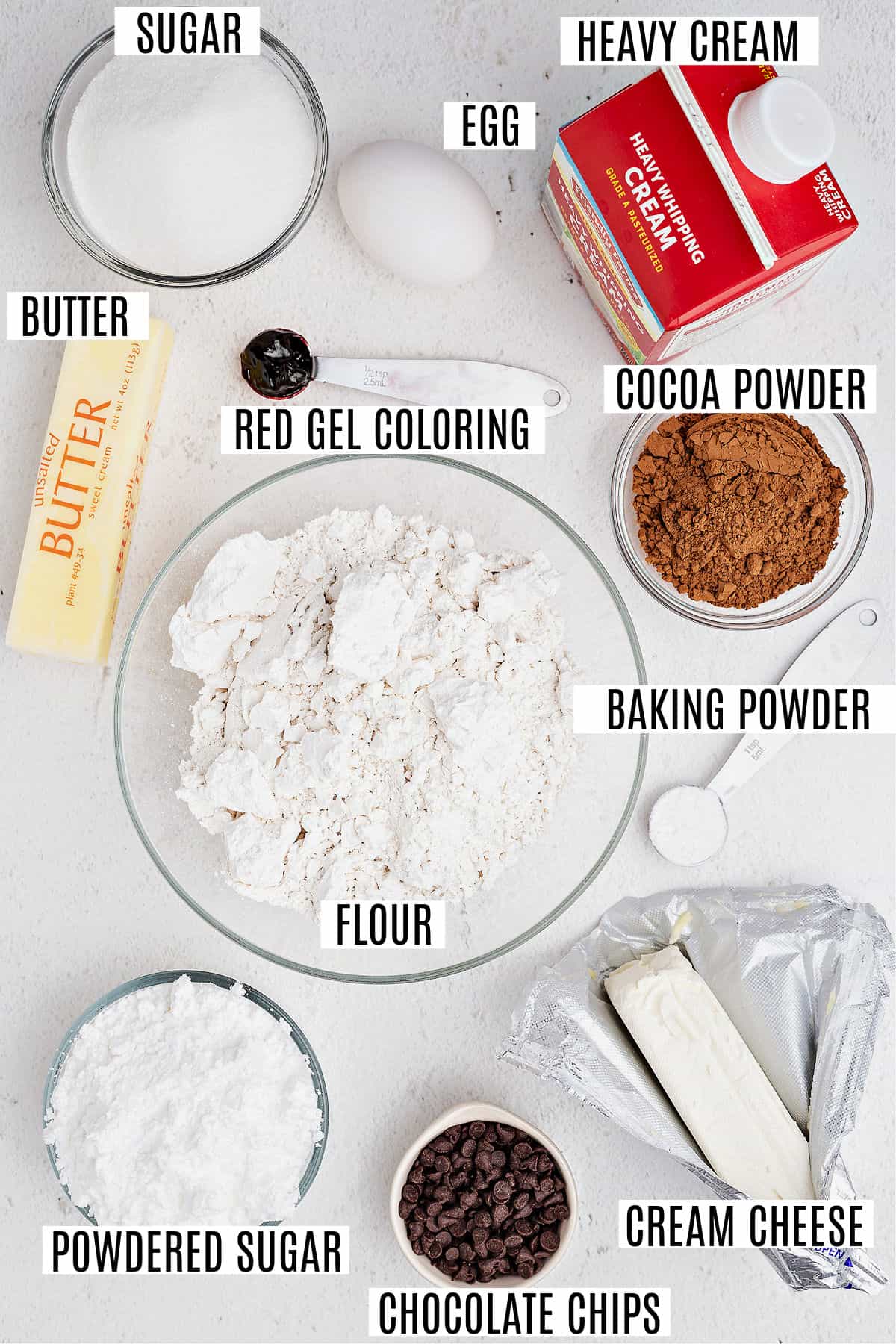 Ingredients needed for red velvet biscotti.