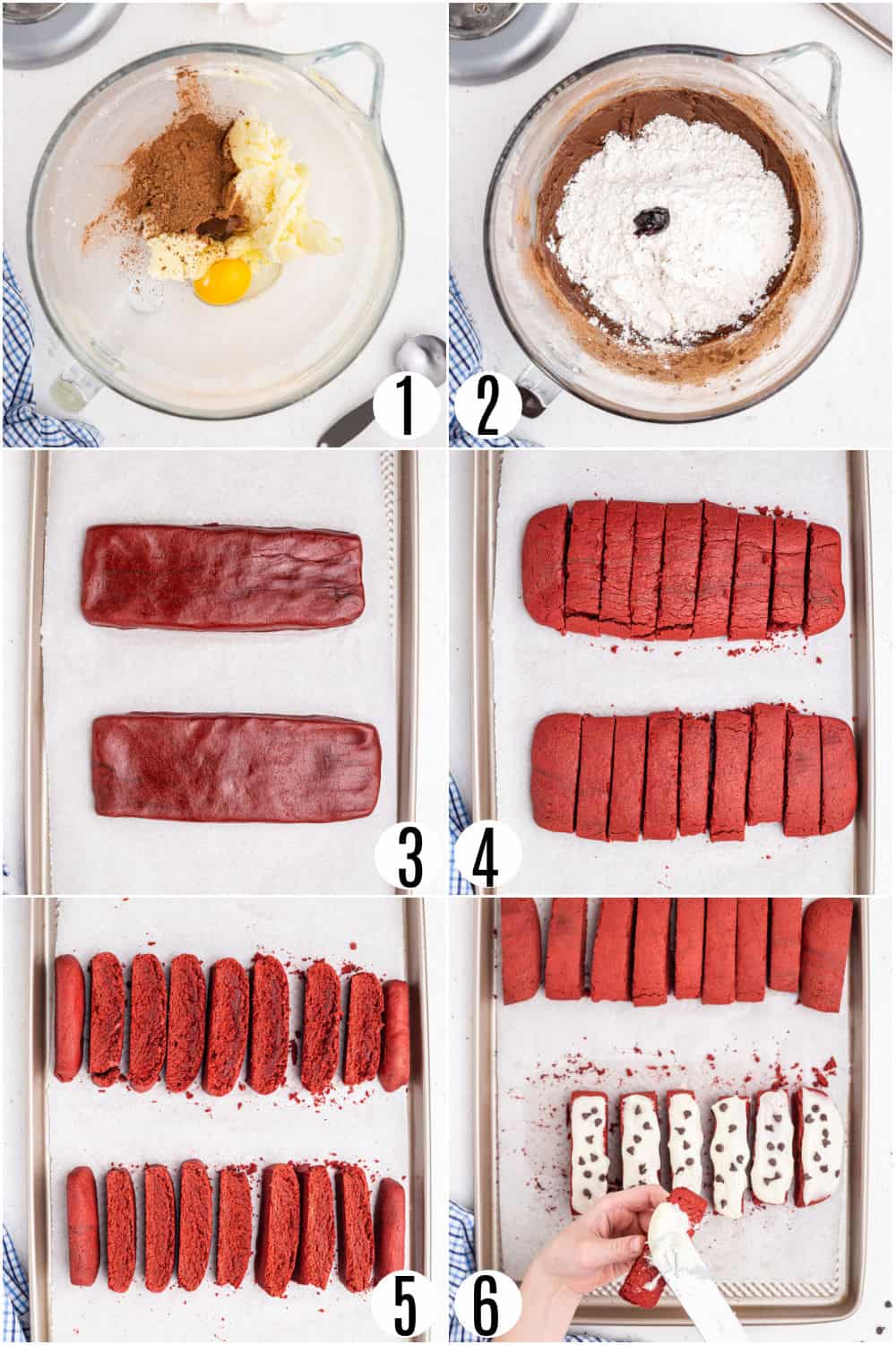 Step by step photos showing how to make red velvet biscotti.