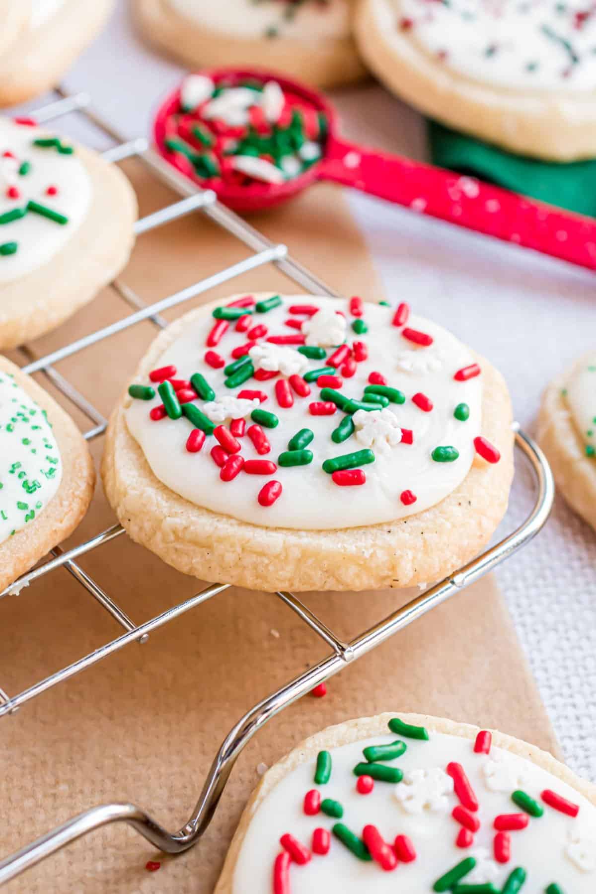 Christmas shortbread cookies on wire cooling rack.