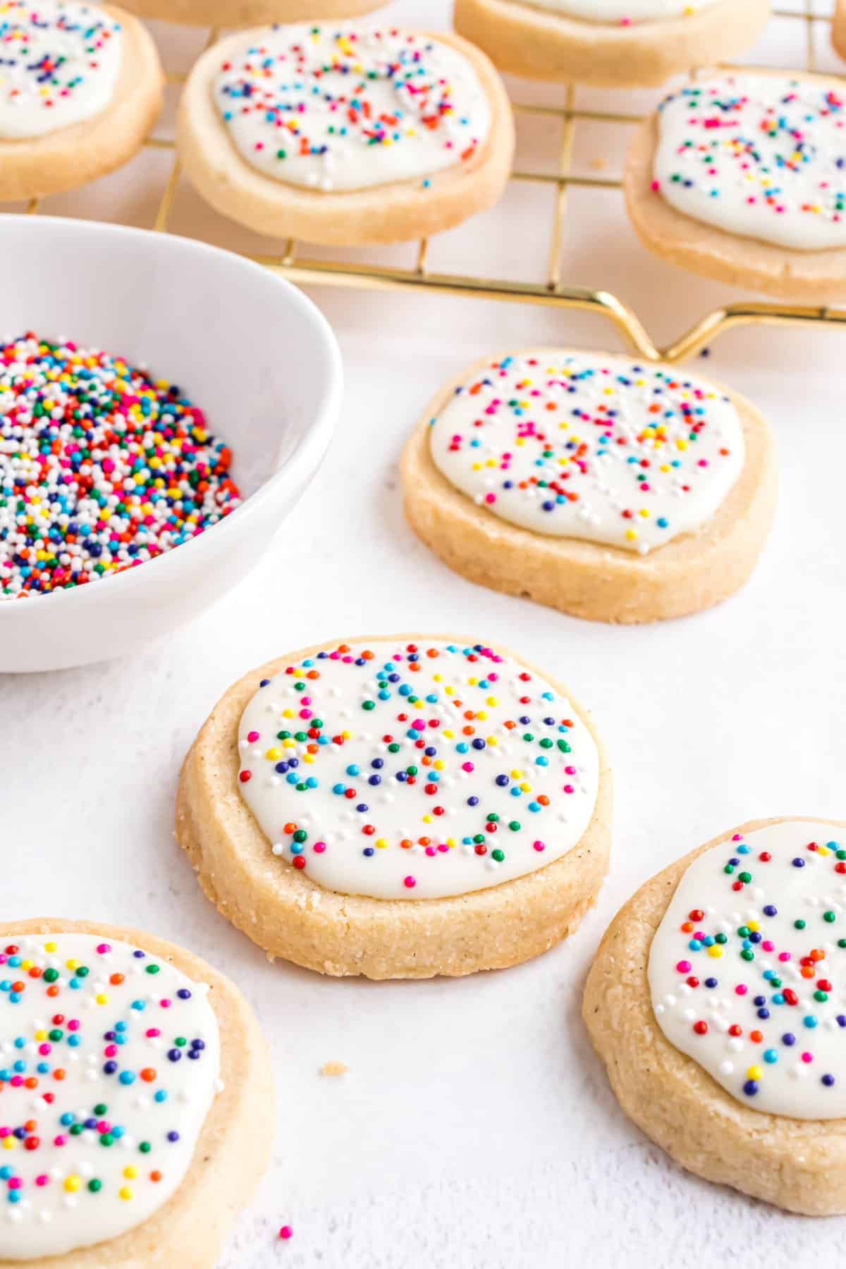 Vanilla bean shortbread cookies with sprinkles and white chocolate.