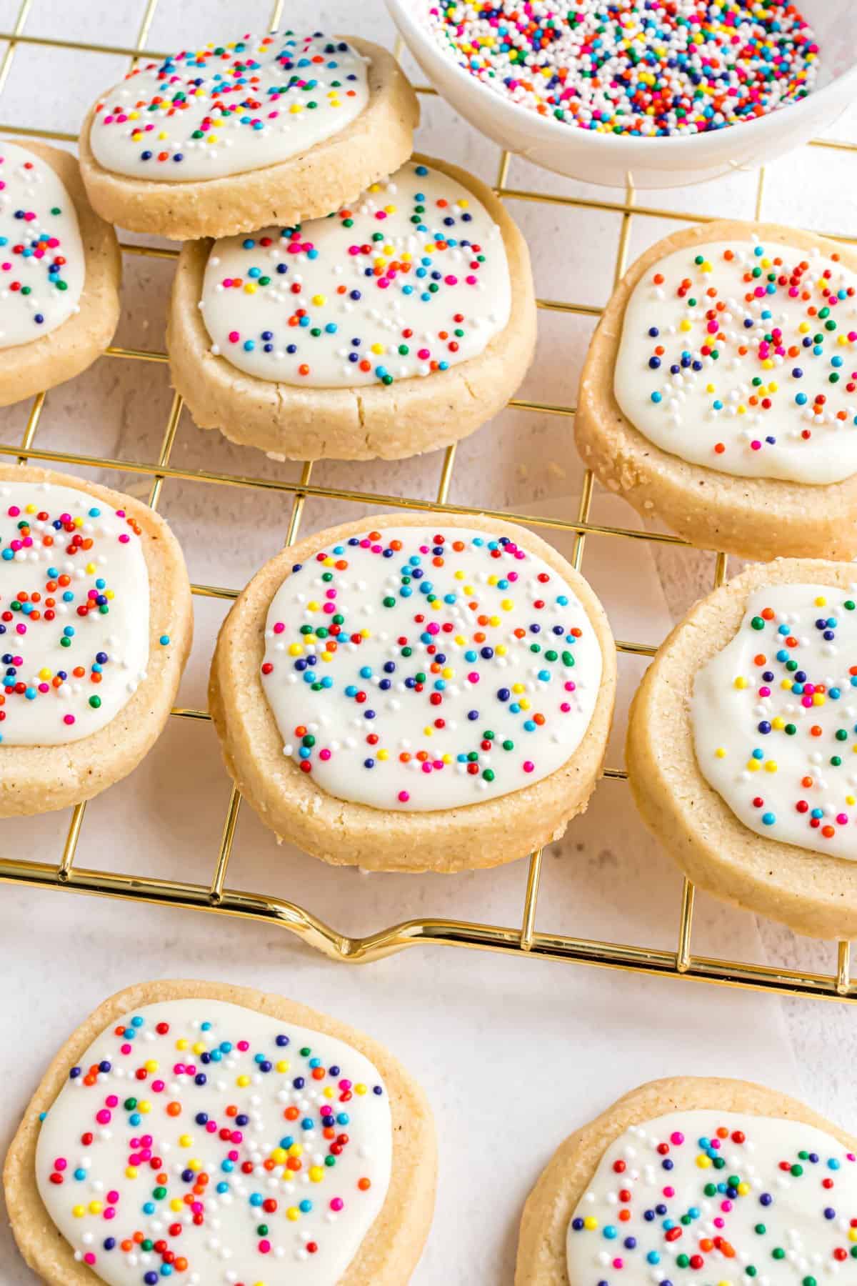 Shortbread cookies on a cooling rack.