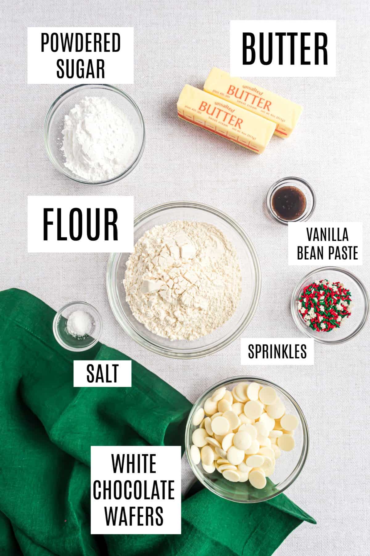 Ingredients needed for vanilla bean shortbread cookies.