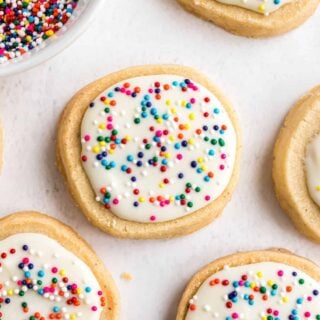 Vanilla bean shortbread with white chocolate and sprinkles.