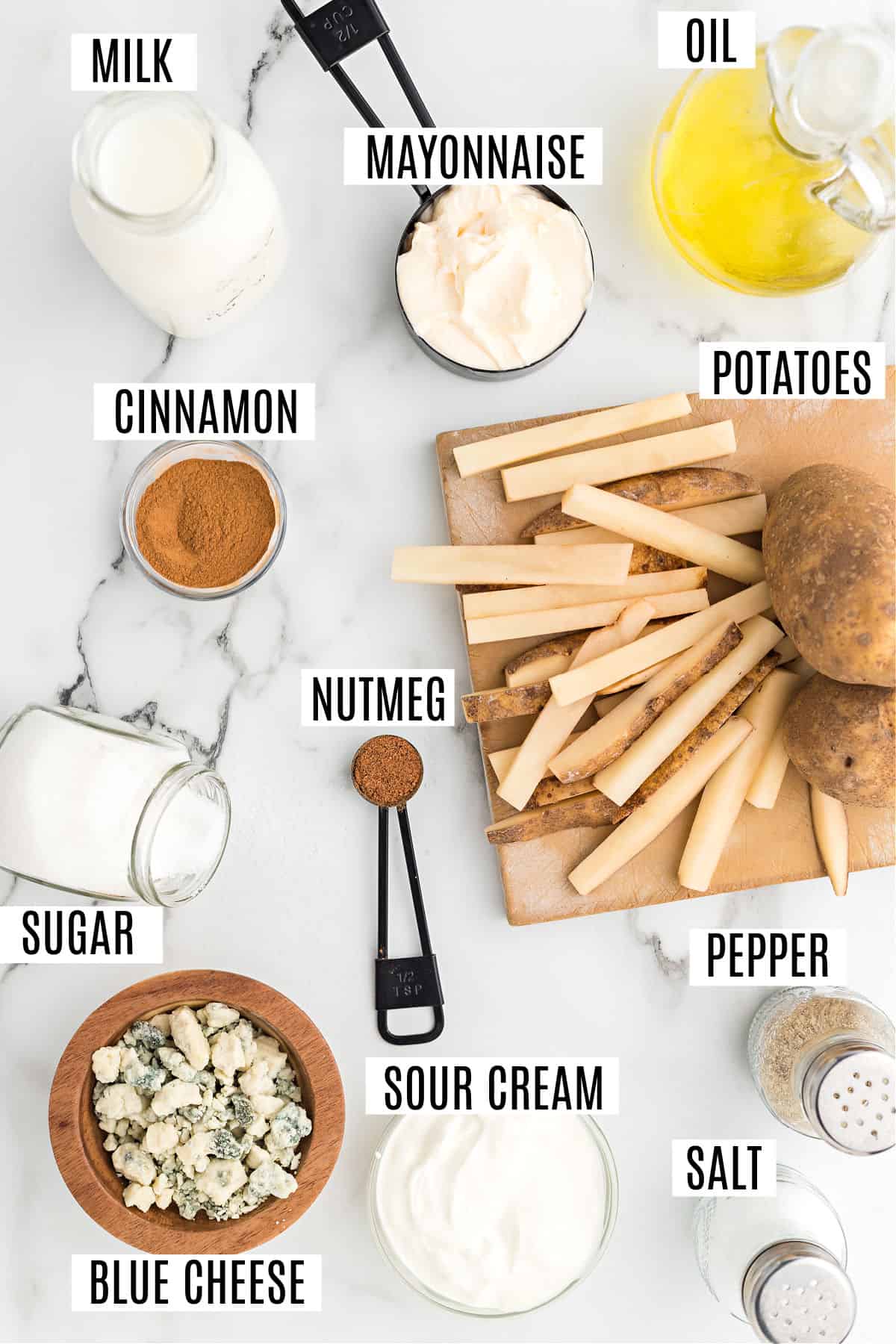 Ingredients needed for baked french fries with homemade bleu cheese dressing.