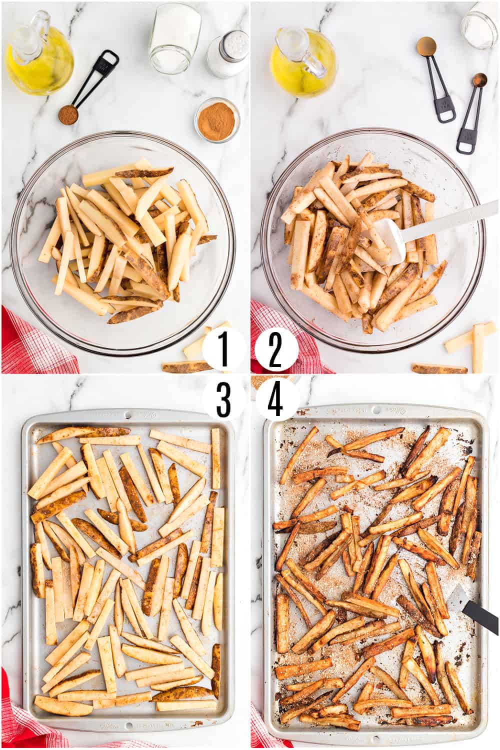 Step by step photos showing how to make baked french fries.