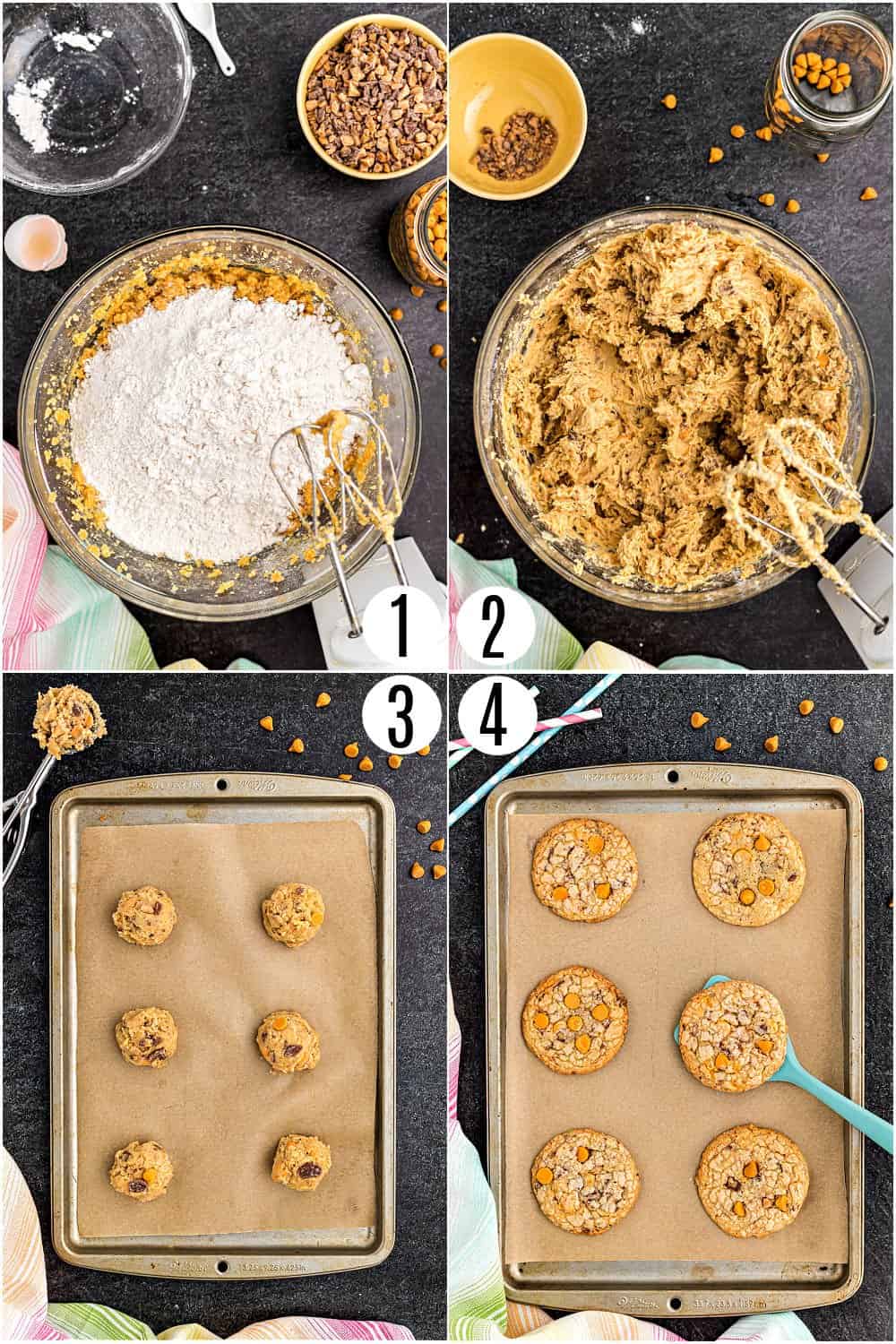 Step by step photos showing how tomake butterscotch toffee cookies.