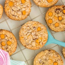 Butterscotch Toffee Cookies are the ultimate chewy cookie! Made with real toffee bits and butterscotch, these giant cookies are irresistible, especially paired with a glass of milk.