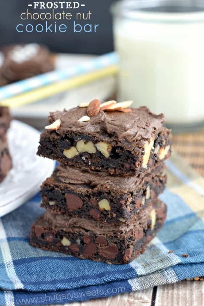 Frosted Chocolate Nut Cookie Bars: chewy chocolate bars filled with walnuts and almonds topped with a fluffy chocolate almond frosting! #thinkfisher