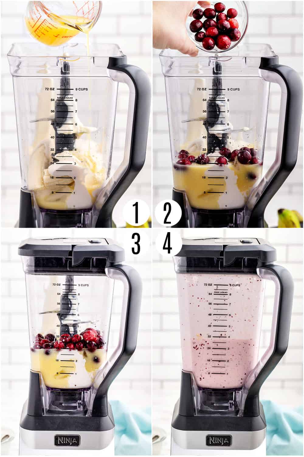 Step by step photos showing how to make a smoothie.