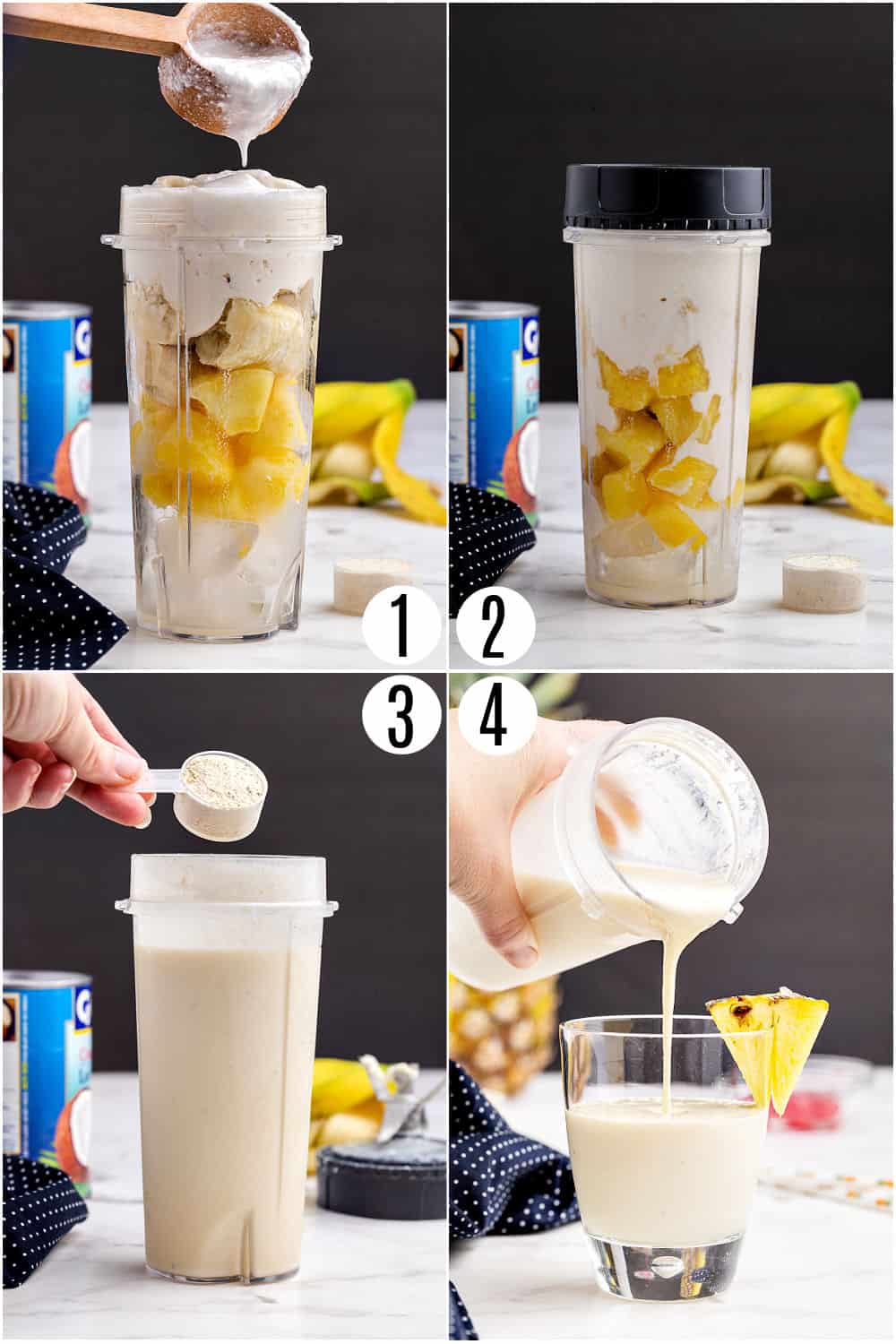 Step by step photos showing how to make a pina colada smoothie.