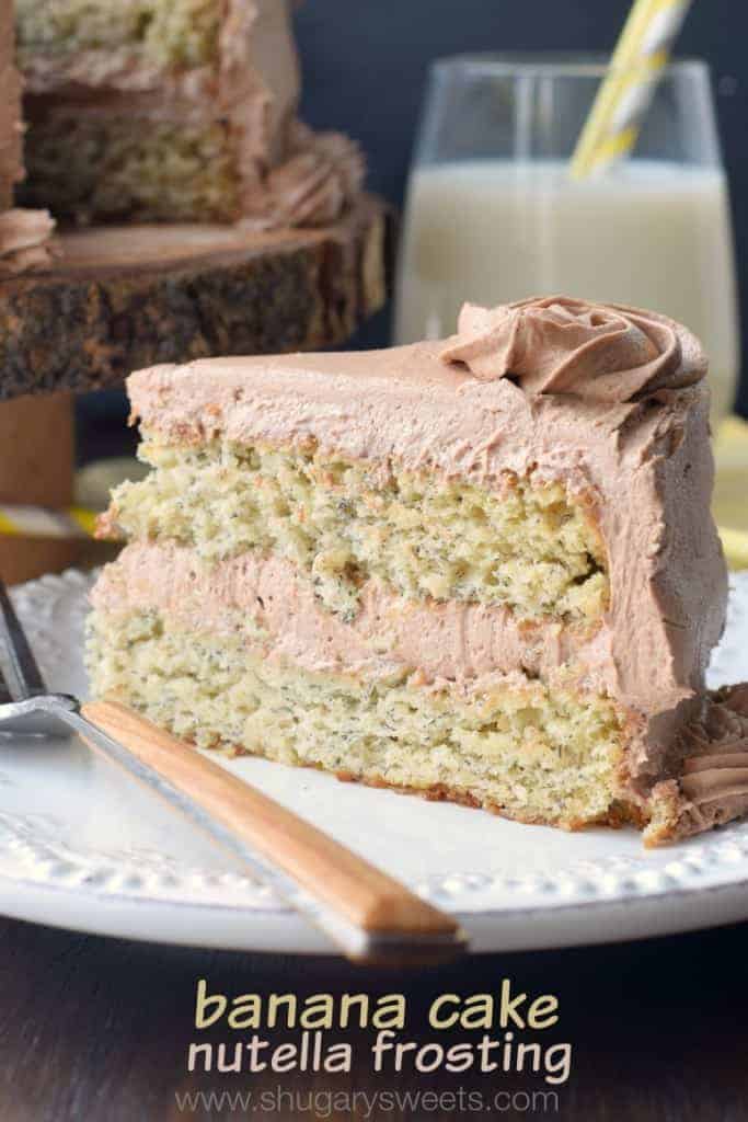 Sweet Banana Layer Cake with a creamy Nutella buttercream frosting! Your family will LOVE this recipe!