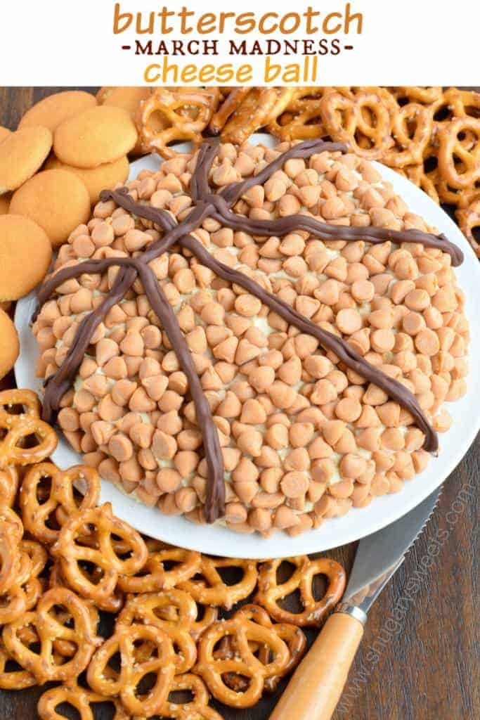 This Butterscotch cheese ball is loaded with flavor and perfect for #marchmadness. Not a fan of basketball? Skip the chocolate lines and enjoy the treat!