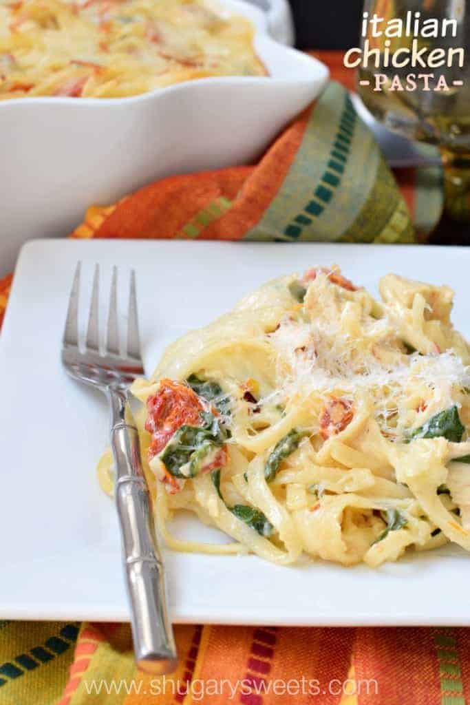 Creamy pasta filled with chicken, sun dried tomatoes and spinach! Bake in a casserole topped with lots of cheese, YUM!
