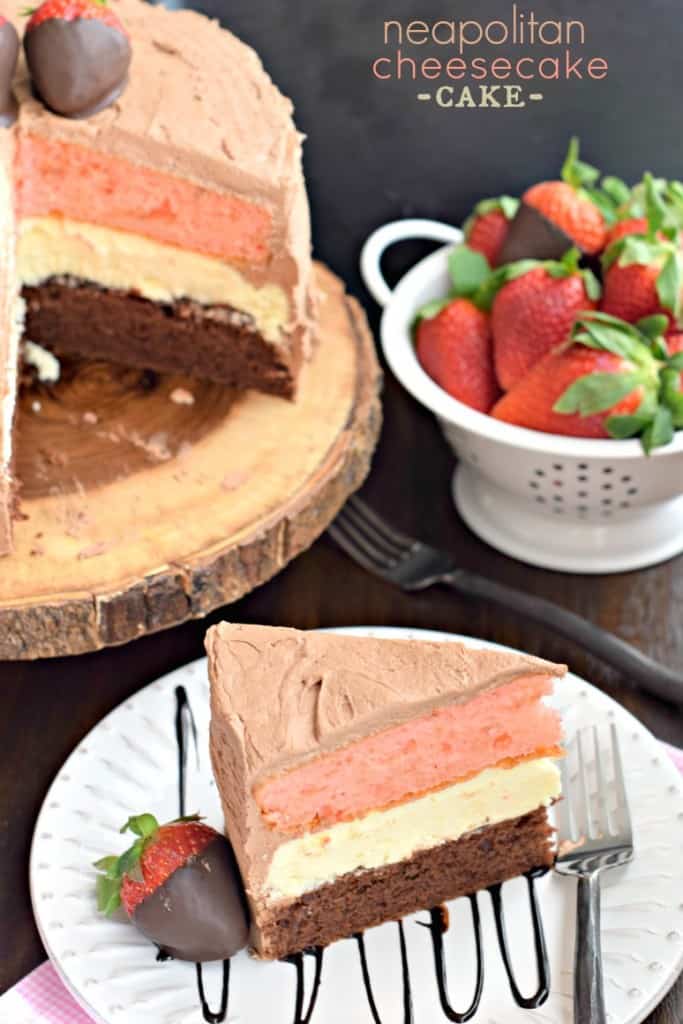 Neapolitan Cheesecake Cake: a layer of chocolate cake and a layer of strawberry cake with a cheesecake center. All wrapped in a fluffy chocolate buttercream frosting!