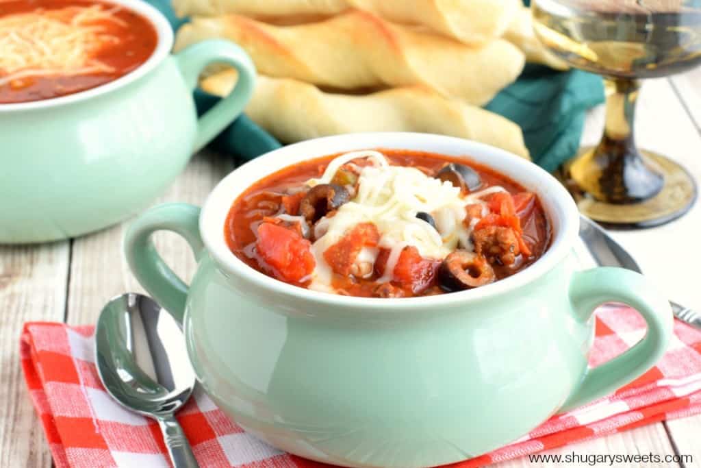 Slow Cooker Pizza Soup: it's delicious comfort food made in your crockpot. Add some breadstick twists for a yummy side!