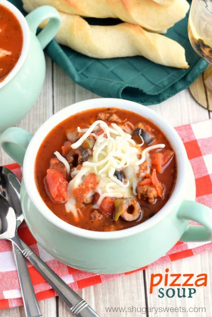 Slow Cooker Pizza Soup: it's delicious comfort food made in your crockpot. Add some breadstick twists for a yummy side!