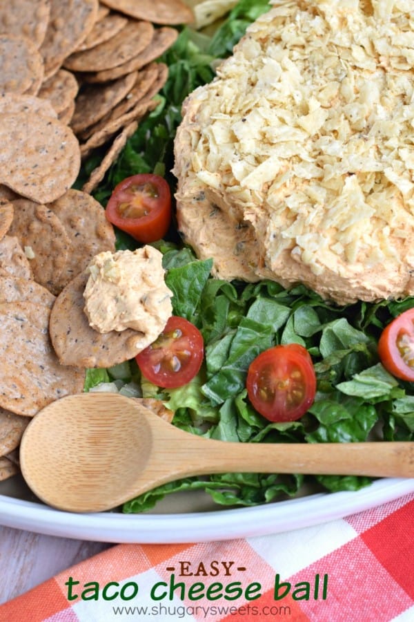 Easy Taco Cheese ball recipe is perfect for game day or potlucks! Roll the zesty cheese ball in crushed tortilla chips for an extra crunch!