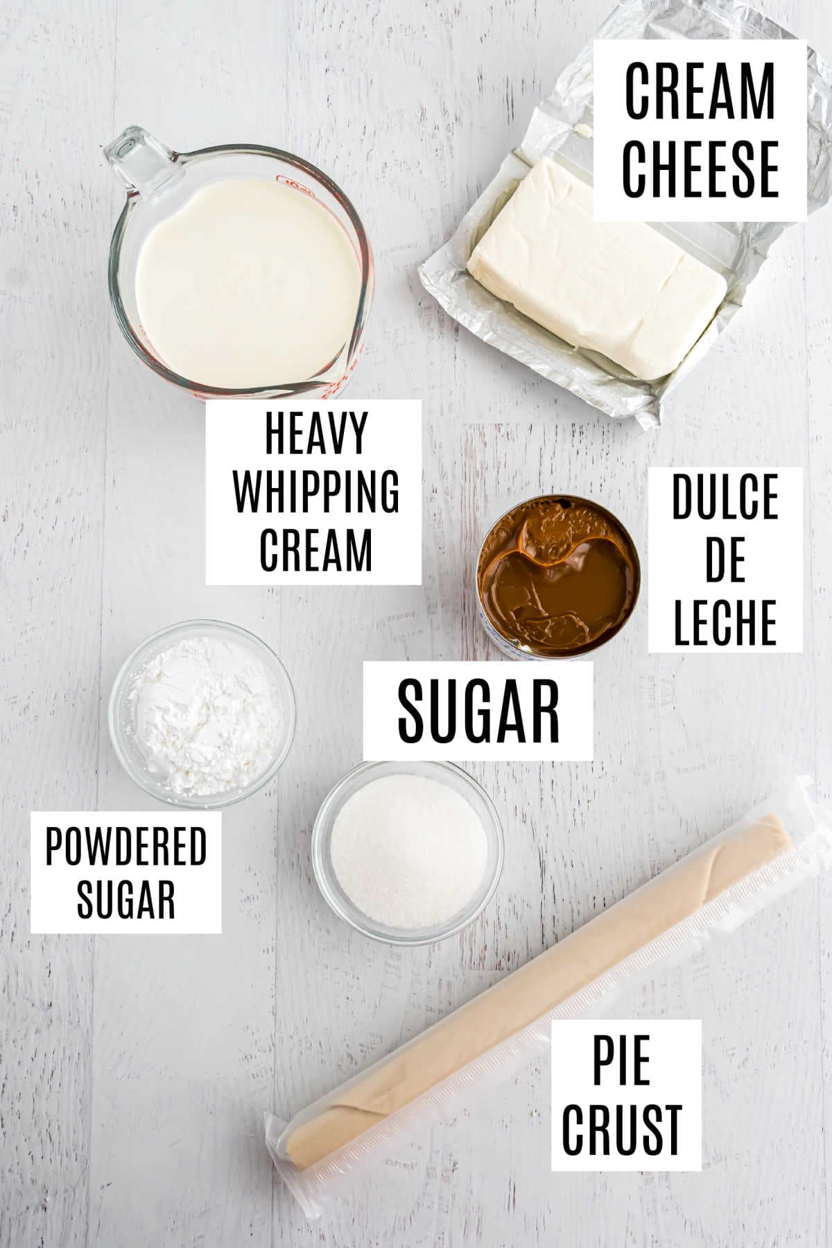 Ingredients needed to make caramel cream pie.