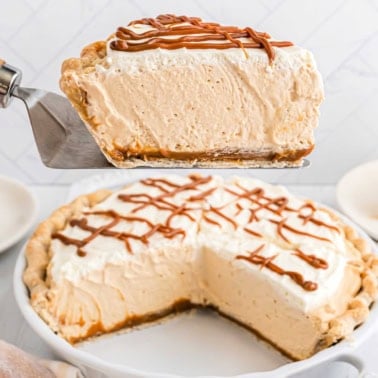 Looking for the perfect holiday pie? This Caramel Cream Pie is delicious with a creamy caramel cheesecake filling, topped with whipped cream and dulce de leche.