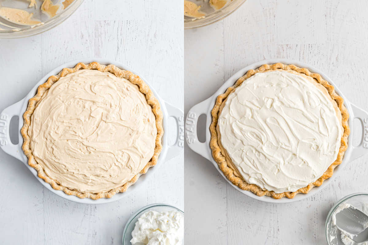 Step by step photos showing how to make caramel cream pie.