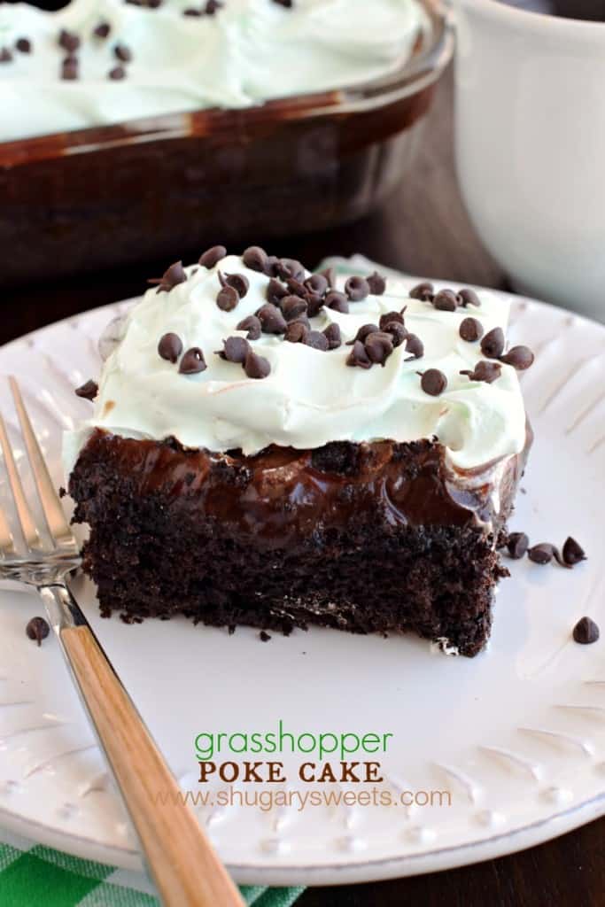 Grasshopper Poke Cake: a delicious chocolate cake topped with chocolate pudding, hot fudge, and minty Cool Whip!