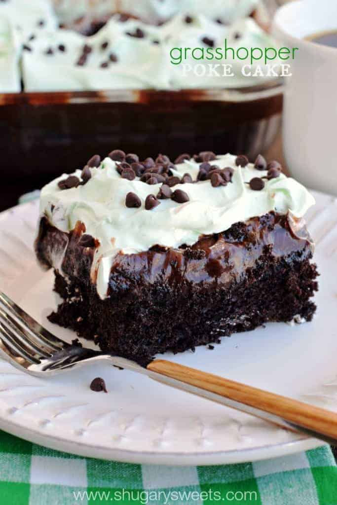 Grasshopper Poke Cake: a delicious chocolate cake topped with chocolate pudding, hot fudge, and minty Cool Whip!