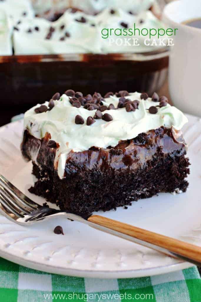 This Grasshopper Poke Cake is super easy and over the top delicious. Just a few ingredients and boxed cake mix and you'll be enjoying this for dessert today! Grasshopper Poke Cake: a delicious chocolate cake topped with chocolate pudding, hot fudge, and minty Cool Whip!