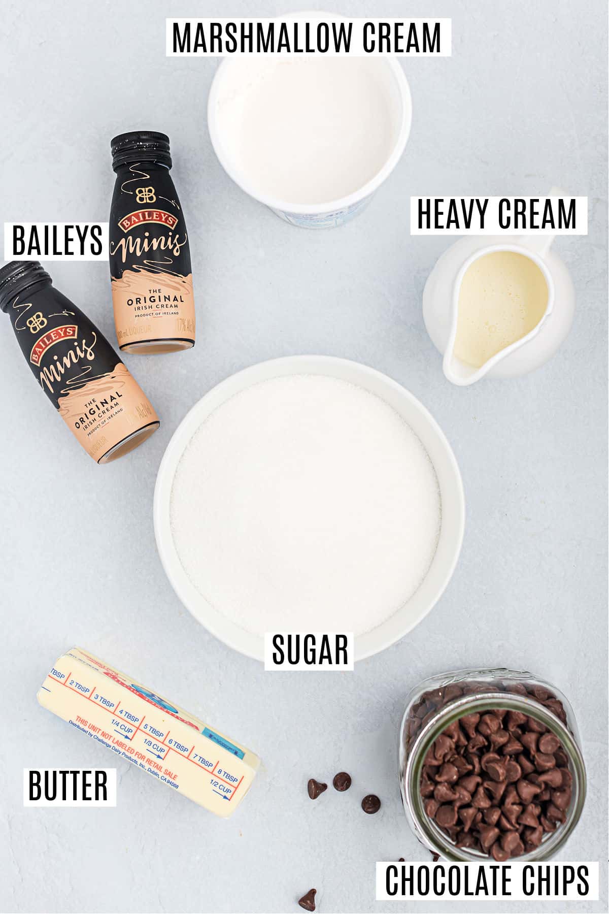 Ingredients needed to make baileys fudge.