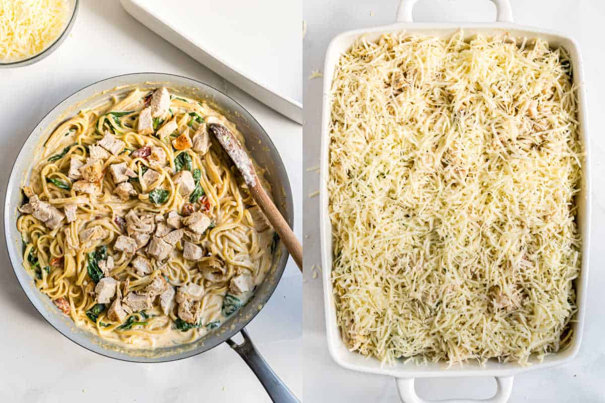 Left: Creamy italian chicken casserole with pasta and spinach in a pan. Right: Pasta in a baking dish topped with shredded cheese.