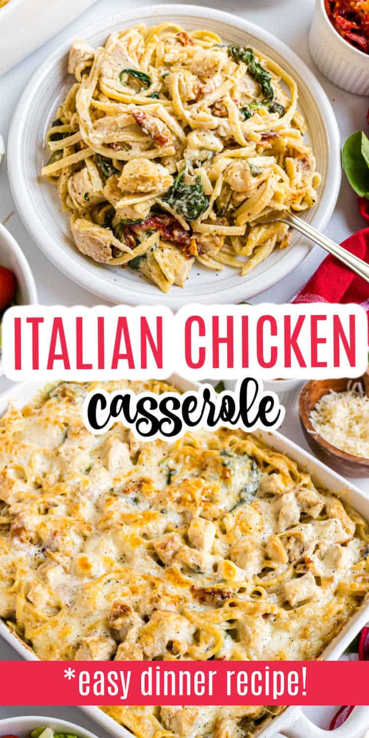 Two dishes of savory Italian chicken casserole, one served on a plate and the other baked golden in a casserole dish.