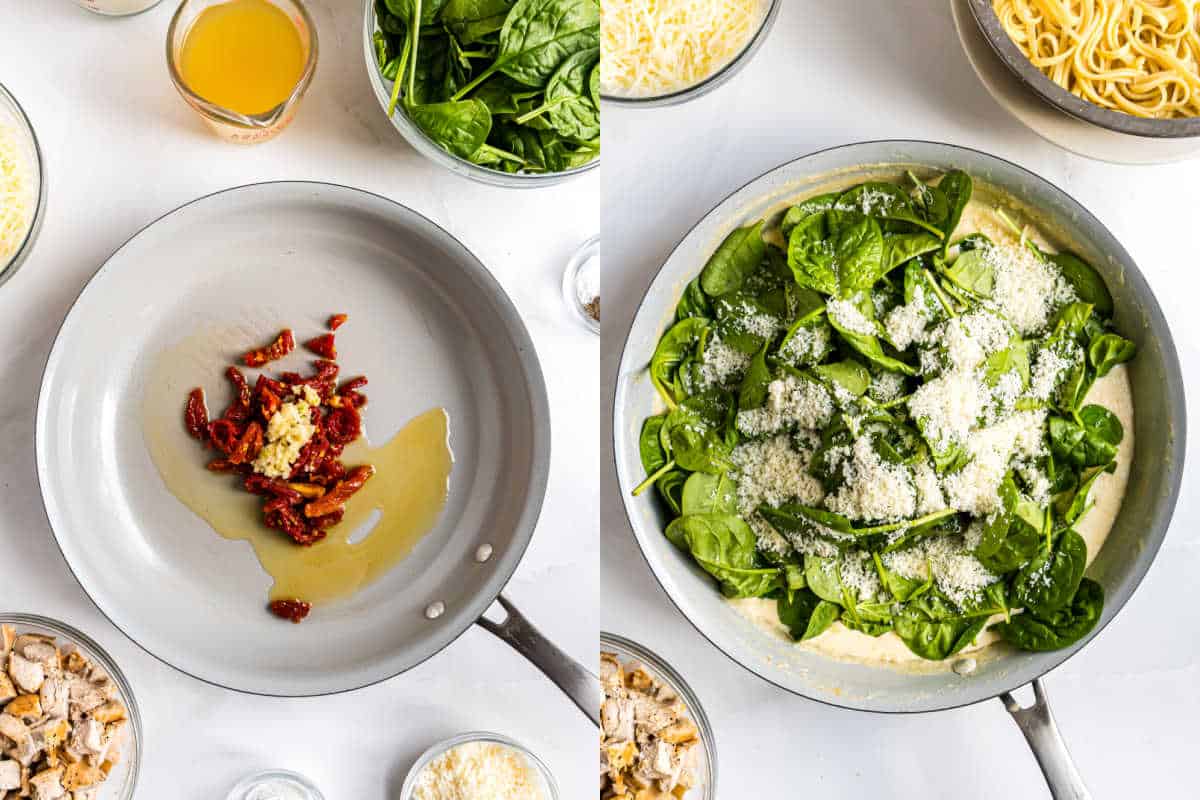 Left: Sun-dried tomatoes and garlic in a pan; Right: Spinach and Parmesan added on top in the same pan for a flavorful Italian chicken casserole.