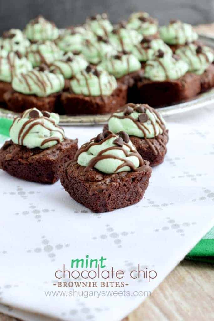 Mint Chocolate Chip Brownie Bites: delicious, from scratch, two bite brownies with a creamy Mint Chocolate Chip frosting #andesmint