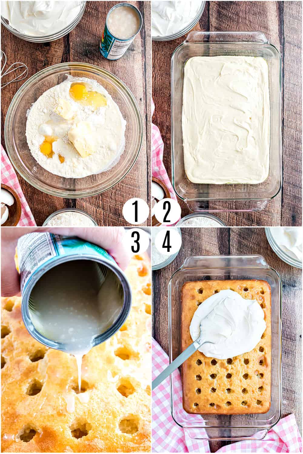 Step by step photos showibng how to make coconut poke cake.
