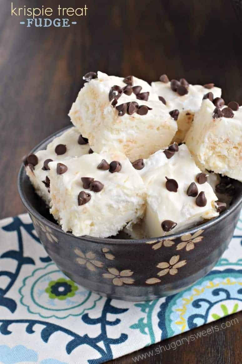 My worlds have collided. This Krispie Treat Fudge is the best of both fudge and gooey marshmallow treats! Krispie Treat Fudge recipe: gooey krispie treat flavor with a decadent fudge texture. A must make!