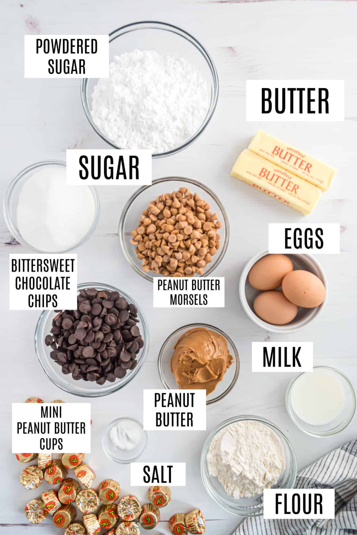 Ingredients needed to make peanut butter brownie bites.